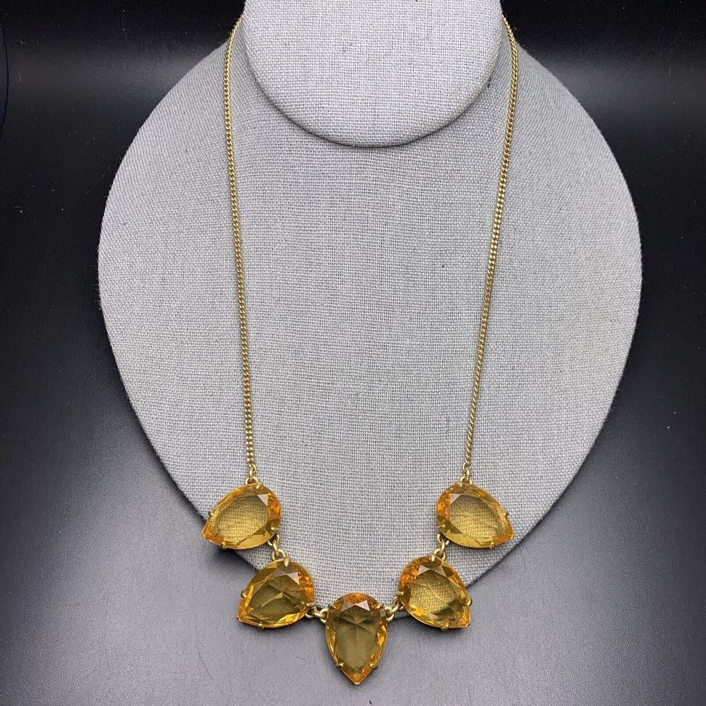 J Crew Amber Tone Rhinestone Bib Statement Necklace Gold Color Metal Open Back